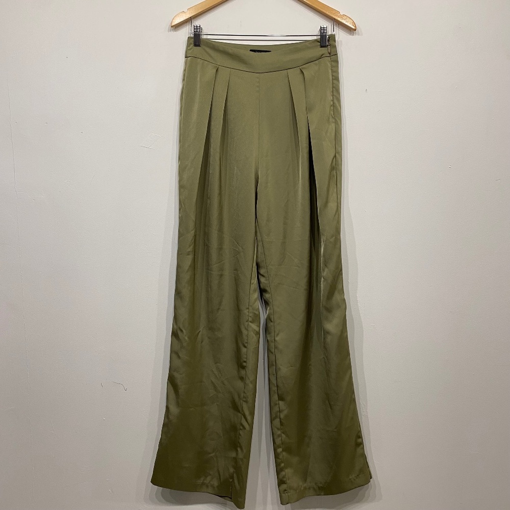JLUXLABEL Green Pleated Front Wide Leg Satin Pants Medium